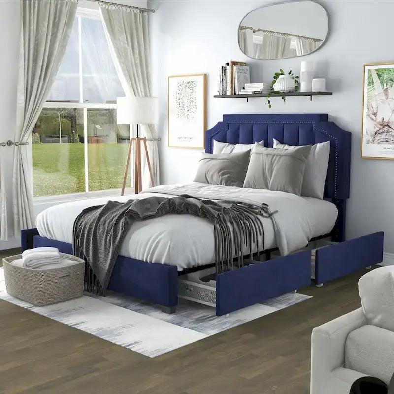 Lit plateforme rembourré Chapla Art Déco à 4 tiroirs avec rangement de la marque Furniture of America