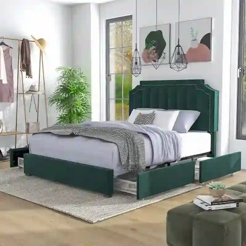 Lit plateforme rembourré Chapla Art Déco à 4 tiroirs avec rangement de la marque Furniture of America