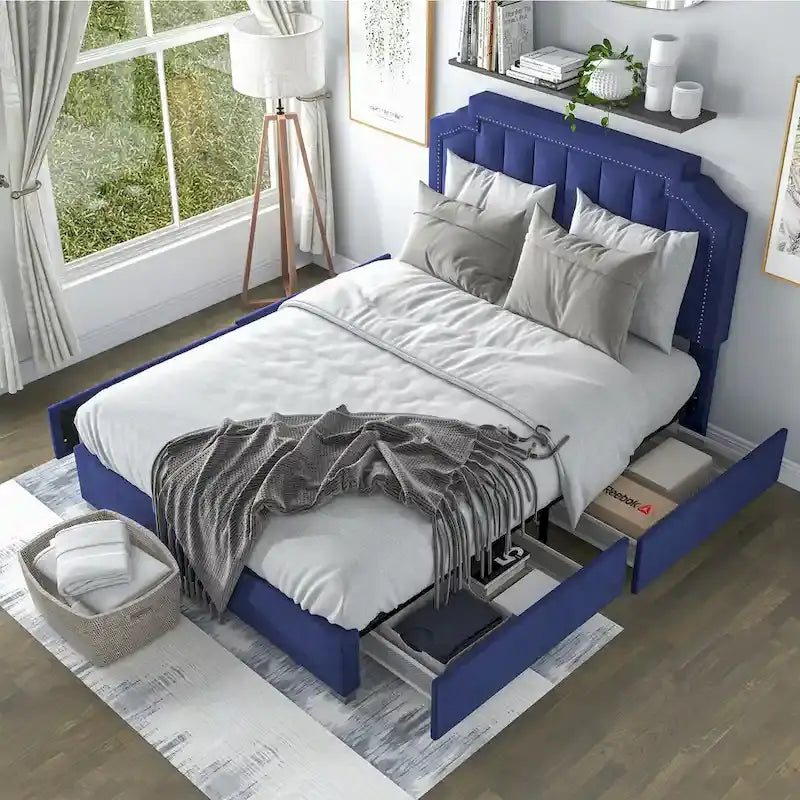 Lit plateforme rembourré Chapla Art Déco à 4 tiroirs avec rangement de la marque Furniture of America