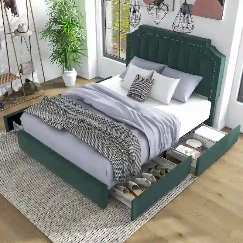 Lit plateforme rembourré Chapla Art Déco à 4 tiroirs avec rangement de la marque Furniture of America