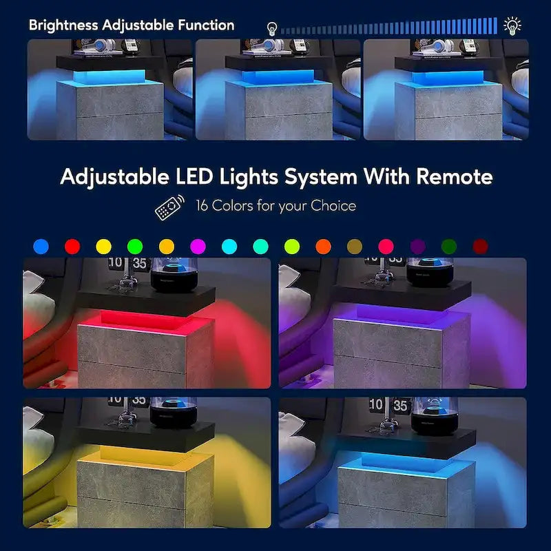 Table de chevet à 2 tiroirs avec éclairage LED