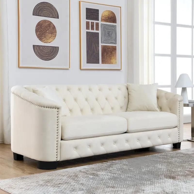 Canapé Chesterfield moderne en velours de 195 cm (77 pouces), canapé 3 places, dossiers capitonnés, accoudoirs cloutés et 2 coussins pour le salon