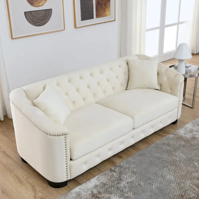 Canapé Chesterfield moderne en velours de 195 cm (77 pouces), canapé 3 places, dossiers capitonnés, accoudoirs cloutés et 2 coussins pour le salon
