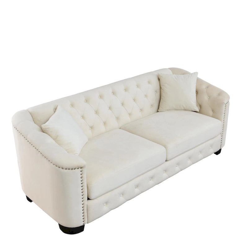 Canapé Chesterfield moderne en velours de 195 cm (77 pouces), canapé 3 places, dossiers capitonnés, accoudoirs cloutés et 2 coussins pour le salon