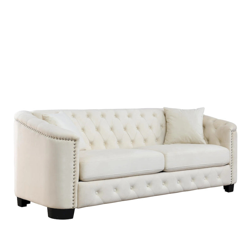 Canapé Chesterfield moderne en velours de 195 cm (77 pouces), canapé 3 places, dossiers capitonnés, accoudoirs cloutés et 2 coussins pour le salon