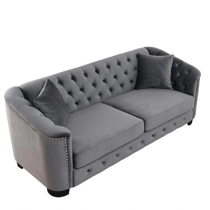 Canapé Chesterfield moderne en velours de 195 cm (77 pouces), canapé 3 places, dossiers capitonnés, accoudoirs cloutés et 2 coussins pour le salon