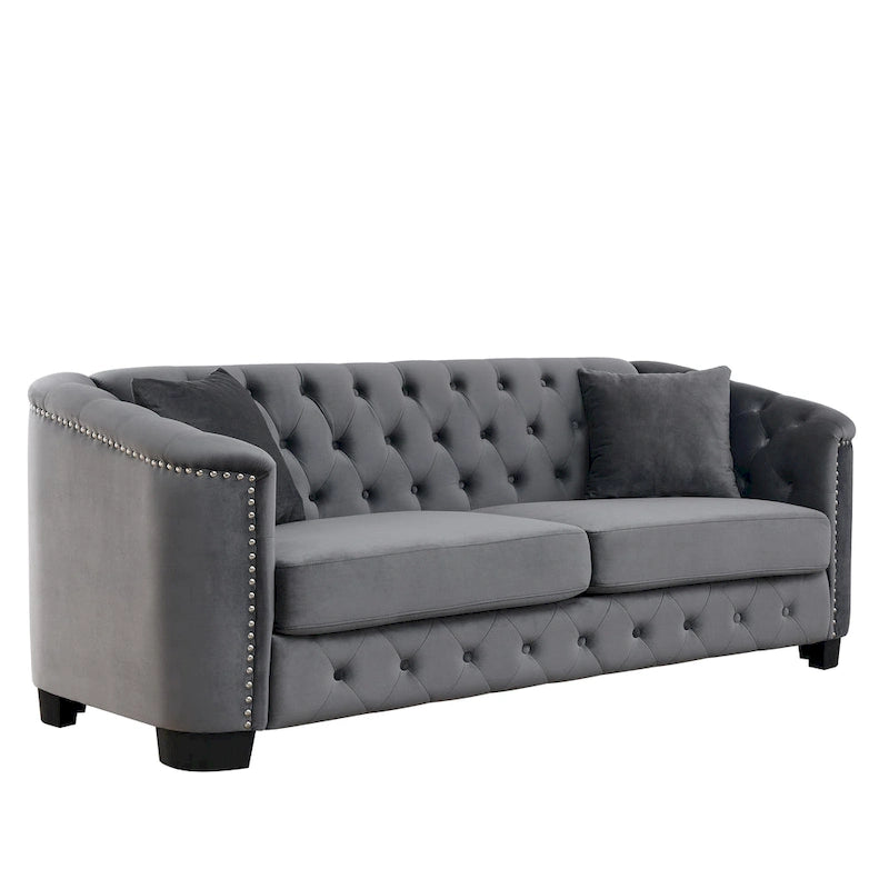 Canapé Chesterfield moderne en velours de 195 cm (77 pouces), canapé 3 places, dossiers capitonnés, accoudoirs cloutés et 2 coussins pour le salon