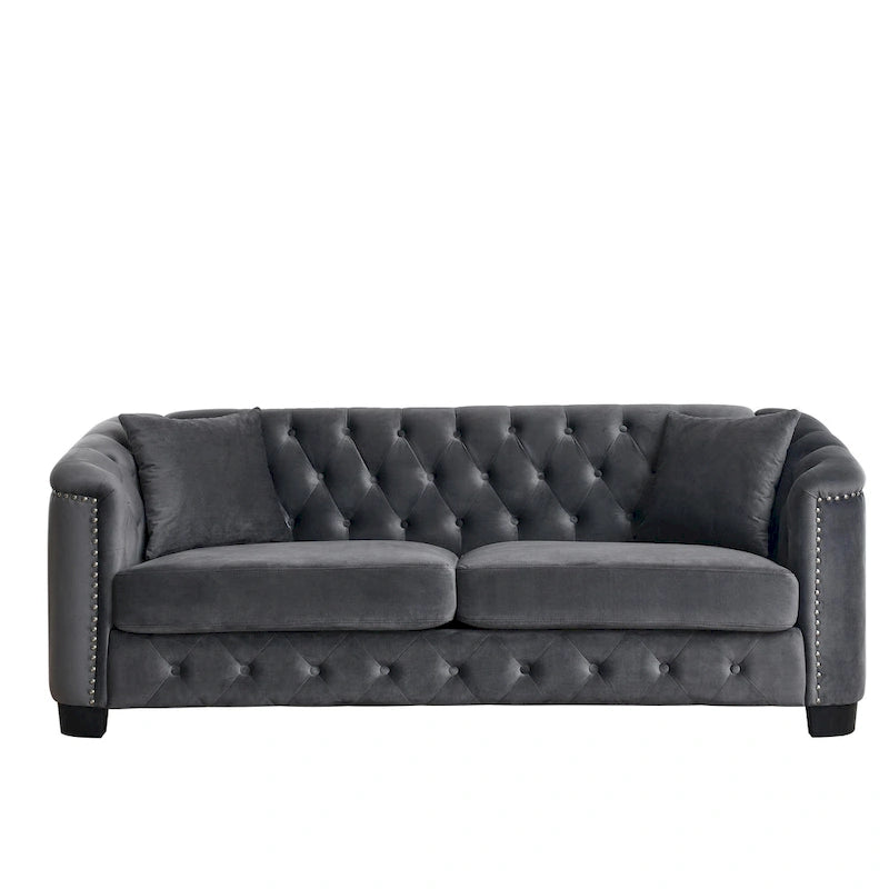 Canapé Chesterfield moderne en velours de 195 cm (77 pouces), canapé 3 places, dossiers capitonnés, accoudoirs cloutés et 2 coussins pour le salon
