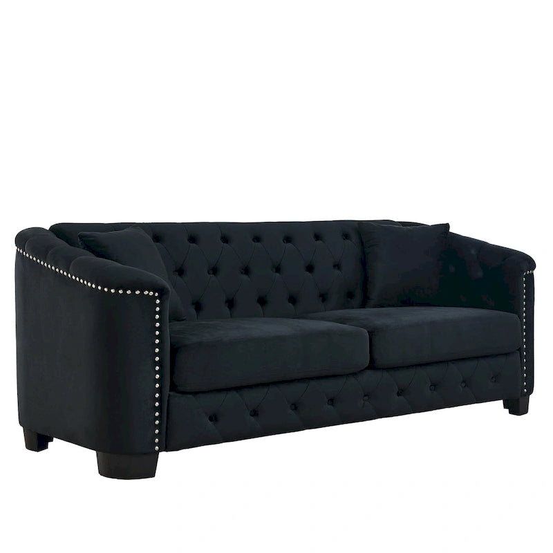 Canapé Chesterfield moderne en velours de 195 cm (77 pouces), canapé 3 places, dossiers capitonnés, accoudoirs cloutés et 2 coussins pour le salon