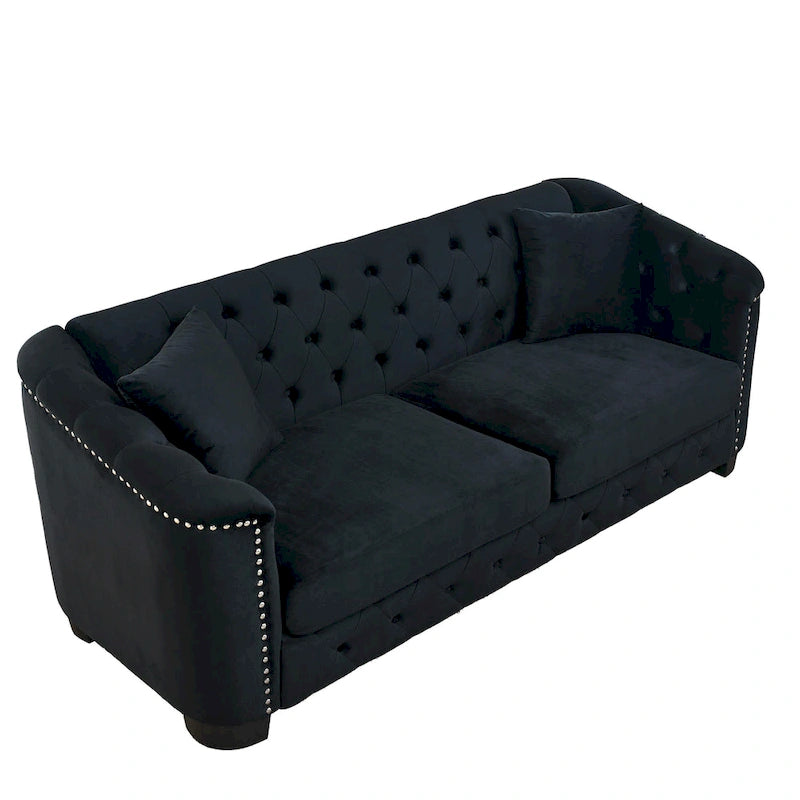 Canapé Chesterfield moderne en velours de 195 cm (77 pouces), canapé 3 places, dossiers capitonnés, accoudoirs cloutés et 2 coussins pour le salon