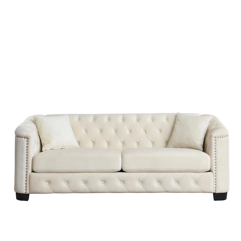 Canapé Chesterfield moderne en velours de 195 cm (77 pouces), canapé 3 places, dossiers capitonnés, accoudoirs cloutés et 2 coussins pour le salon