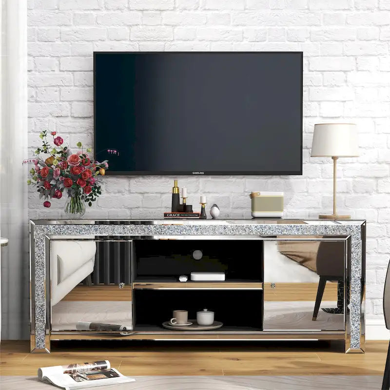 Meuble TV 59" à effet miroir et motif diamant