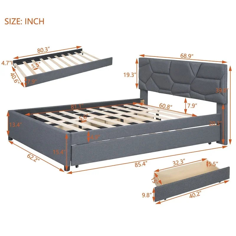 Lit plateforme en lin Queen Size avec lit gigogne et tiroirs Twin Size