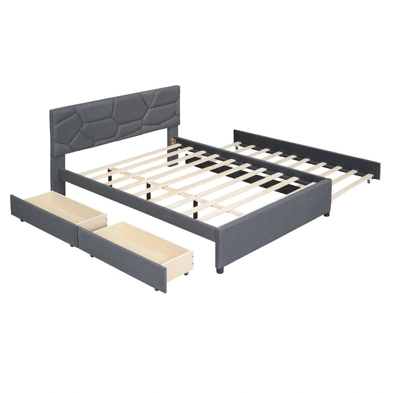 Lit plateforme en lin Queen Size avec lit gigogne et tiroirs Twin Size
