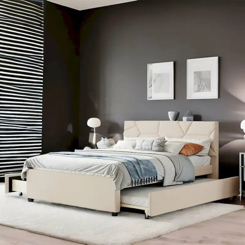 Lit plateforme en lin Queen Size avec lit gigogne et tiroirs Twin Size