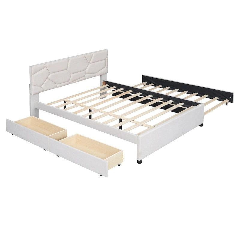 Lit plateforme en lin Queen Size avec lit gigogne et tiroirs Twin Size