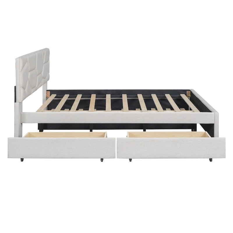 Lit plateforme en lin Queen Size avec lit gigogne et tiroirs Twin Size