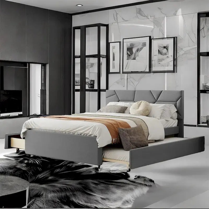 Lit plateforme en lin Queen Size avec lit gigogne et tiroirs Twin Size