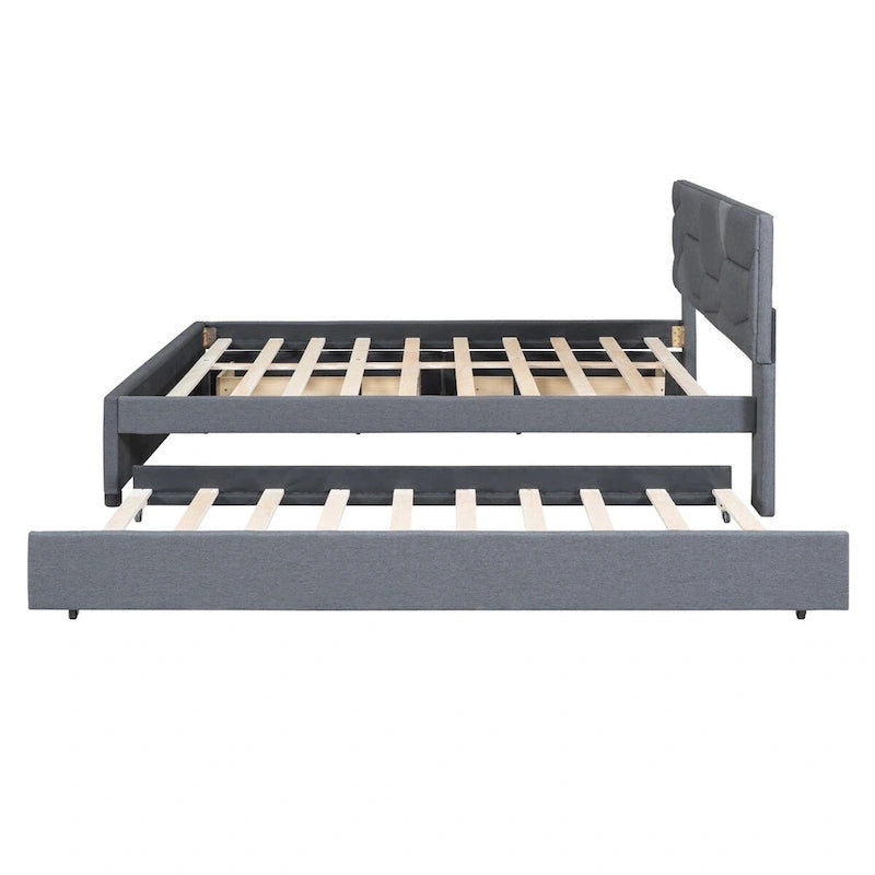 Lit plateforme en lin Queen Size avec lit gigogne et tiroirs Twin Size