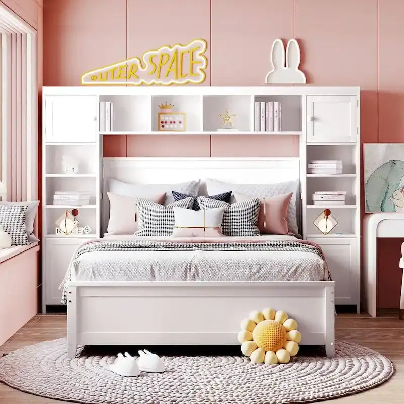 Lit en bois pleine grandeur avec armoire et étagère intégrées