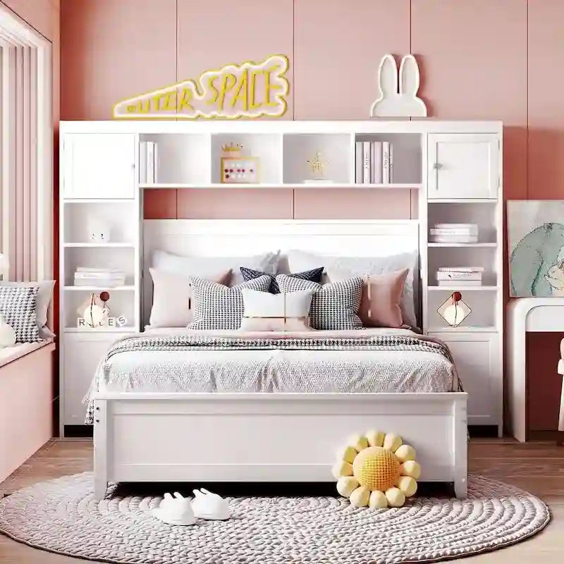 Lit en bois pleine grandeur avec armoire et étagère intégrées