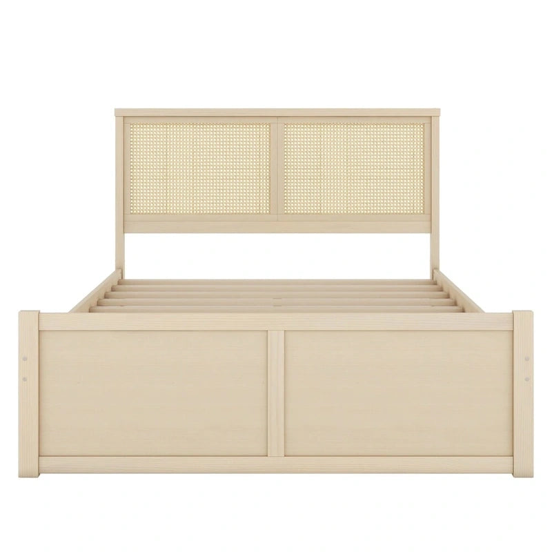 Lit plateforme en bois de taille Queen avec rangement, 4 tiroirs et tête de lit en rotin.