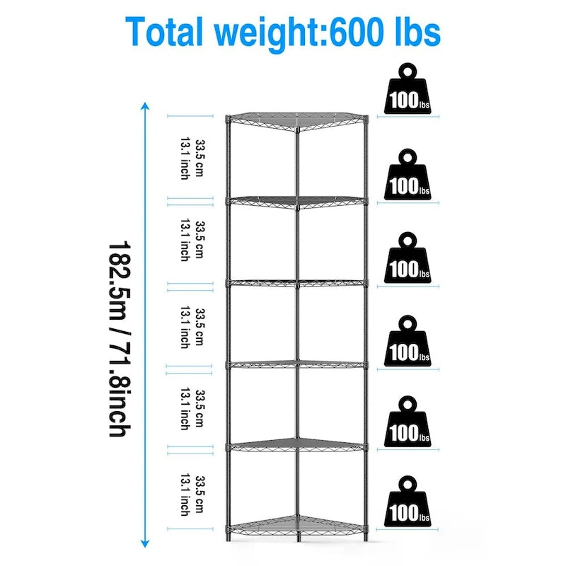Étagère d'angle autoportante robuste à 6 niveaux
