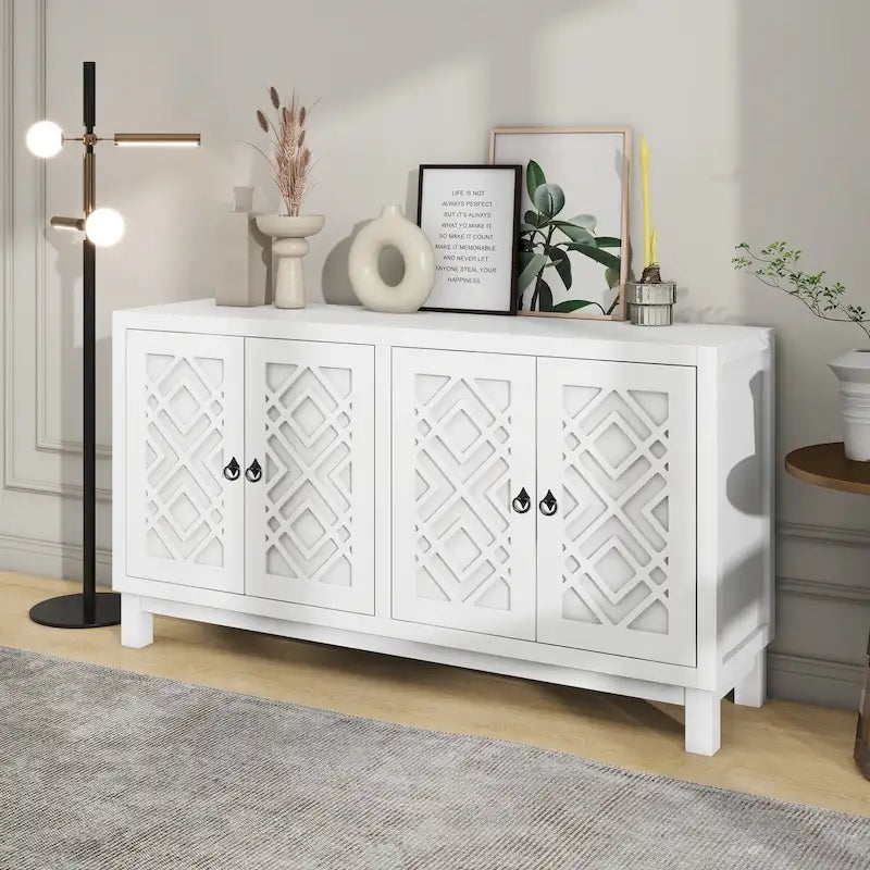 Buffet spacieux à 4 portes avec poignées anneaux, idéal pour le salon ou la salle à manger (bleu marine).