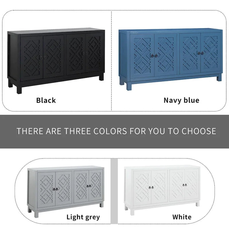 Buffet spacieux à 4 portes avec poignées anneaux, idéal pour le salon ou la salle à manger (bleu marine).