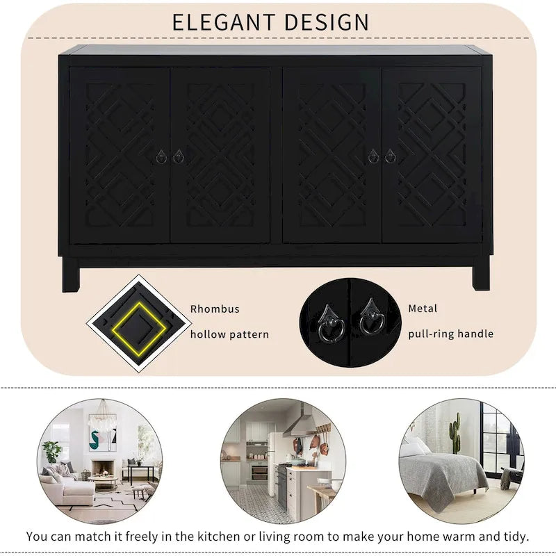 Buffet spacieux à 4 portes avec poignées anneaux, idéal pour le salon ou la salle à manger (bleu marine).