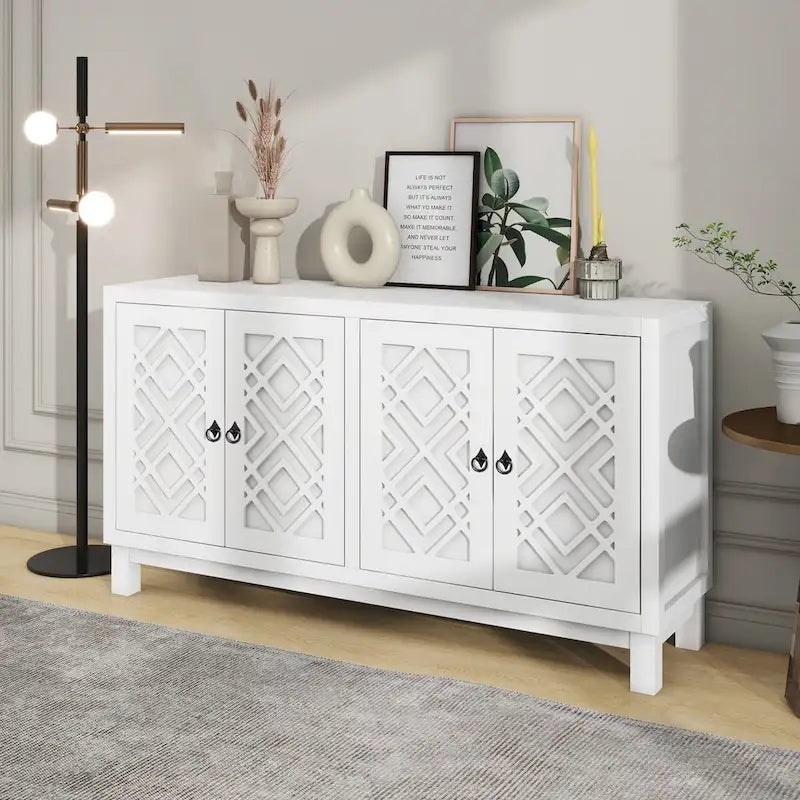 Buffet spacieux à 4 portes avec poignées anneaux, idéal pour le salon ou la salle à manger (bleu marine).