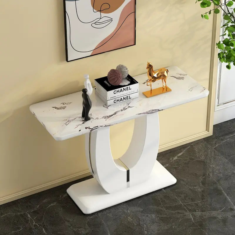 Table de bar rectangulaire blanche brillante, moderne et épurée, 120 x 46 x 75 cm, idéale pour le salon, la chambre, la table de chevet ou l'entrée.