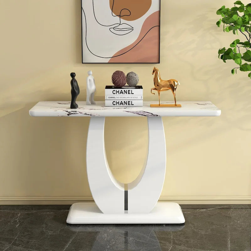 Table de bar rectangulaire blanche brillante, moderne et épurée, 120 x 46 x 75 cm, idéale pour le salon, la chambre, la table de chevet ou l'entrée.