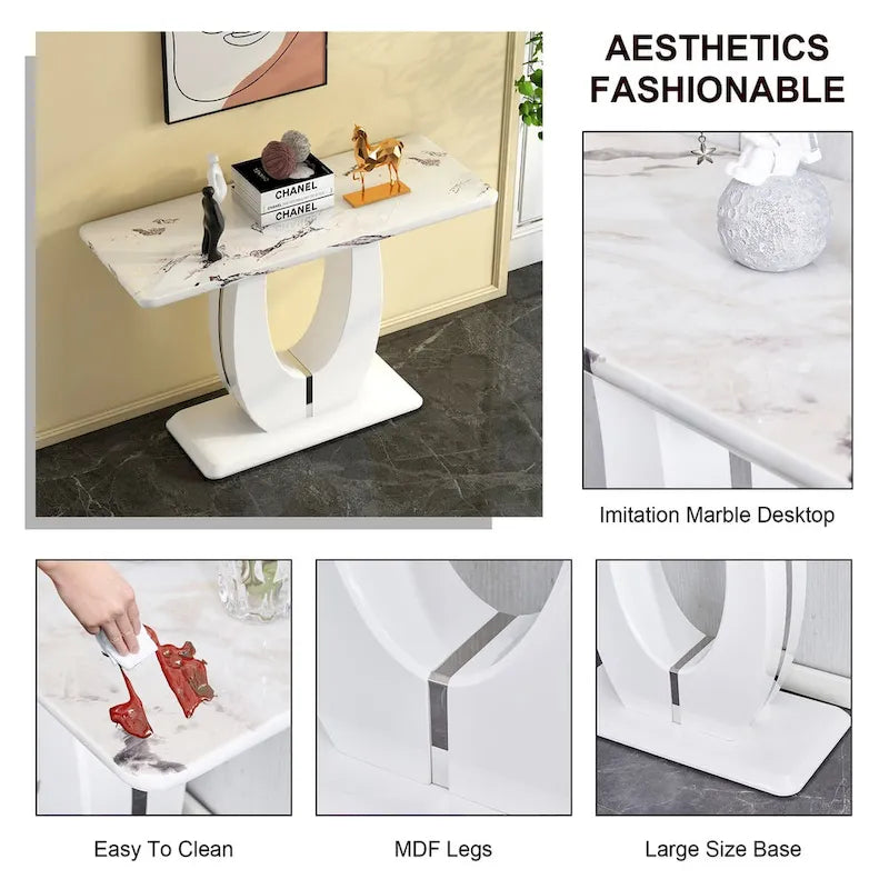 Table de bar rectangulaire blanche brillante, moderne et épurée, 120 x 46 x 75 cm, idéale pour le salon, la chambre, la table de chevet ou l'entrée.