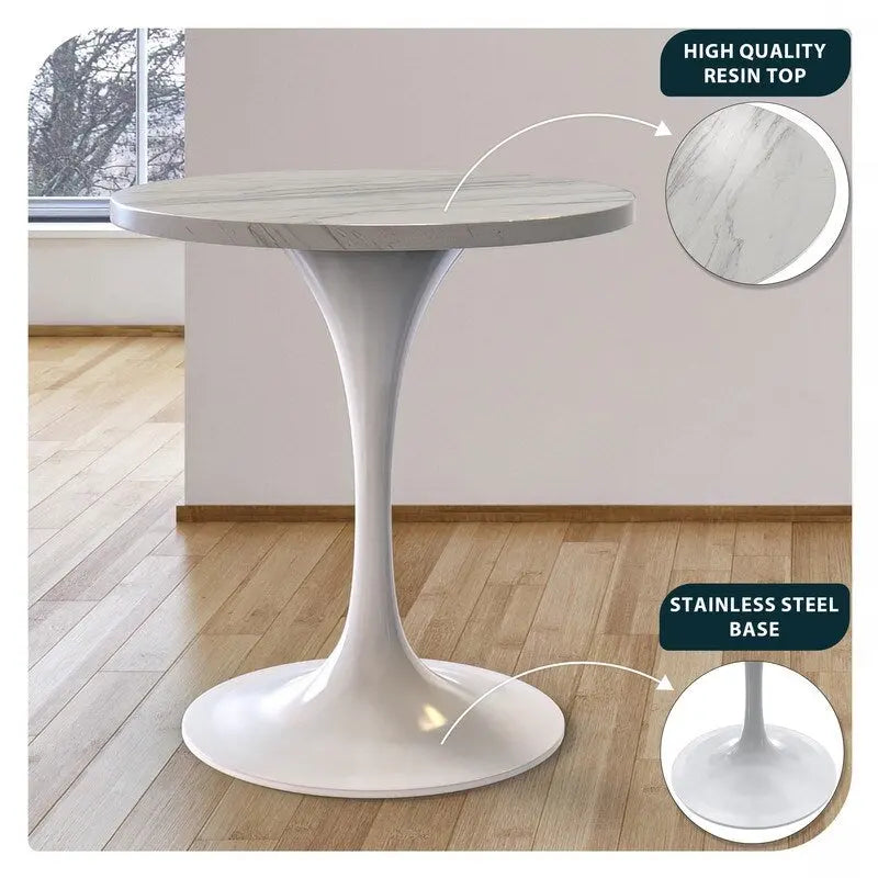 Table de salle à manger ronde LeisureMod Verve avec plateau en résine blanche et piètement en acier blanc pour cuisine et salle à manger