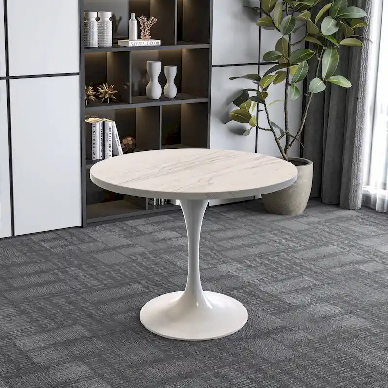 Table de salle à manger ronde LeisureMod Verve avec plateau en résine blanche et piètement en acier blanc pour cuisine et salle à manger