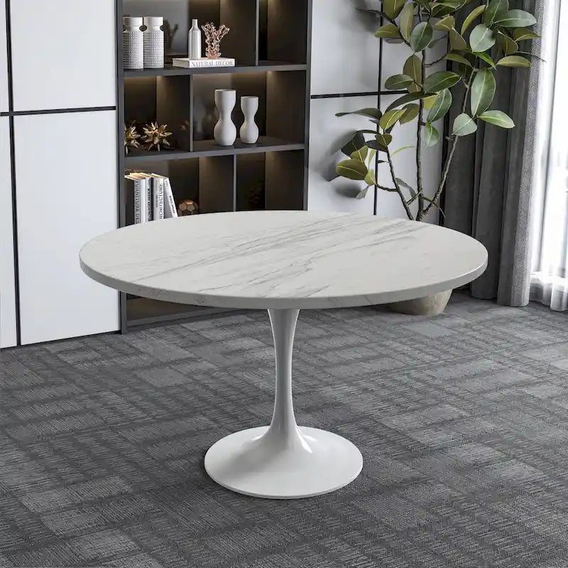 Table de salle à manger ronde LeisureMod Verve avec plateau en résine blanche et piètement en acier blanc pour cuisine et salle à manger