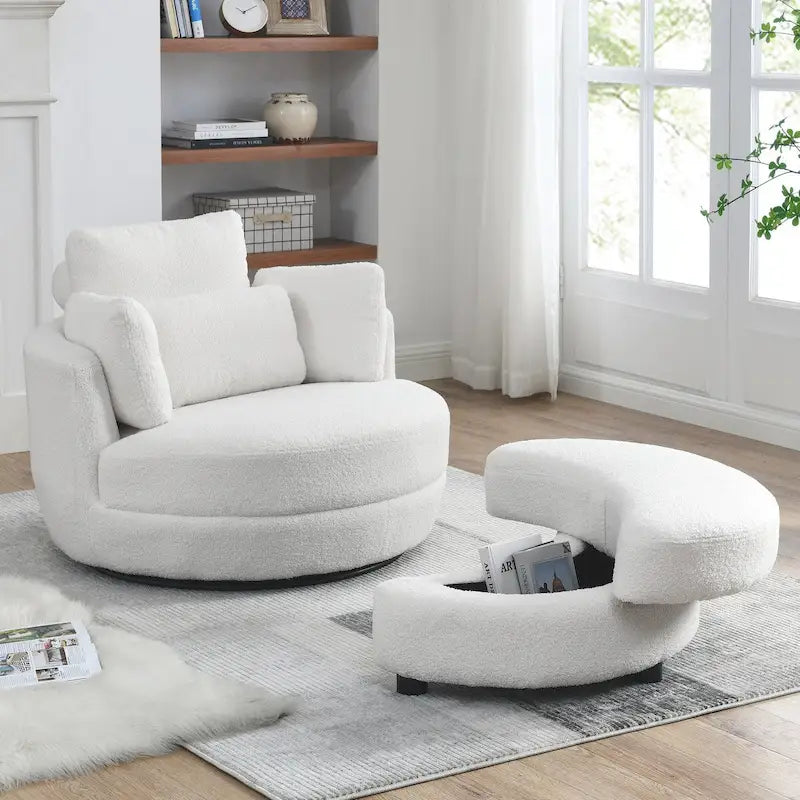 Fauteuil pivotant surdimensionné 39W, pouf de rangement lune, canapé deux places pivotant rond, fauteuil relax, 4 coussins