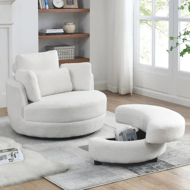 Fauteuil pivotant surdimensionné 39W, pouf de rangement lune, canapé deux places pivotant rond, fauteuil relax, 4 coussins