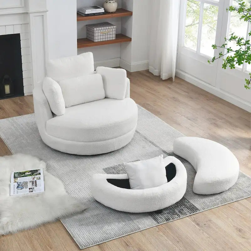 Fauteuil pivotant surdimensionné 39W, pouf de rangement lune, canapé deux places pivotant rond, fauteuil relax, 4 coussins