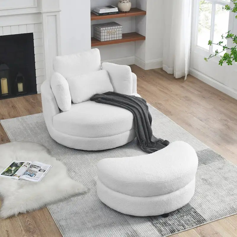 Fauteuil pivotant surdimensionné 39W, pouf de rangement lune, canapé deux places pivotant rond, fauteuil relax, 4 coussins