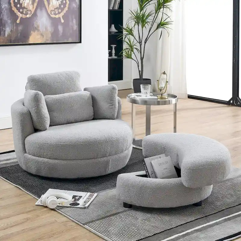 Fauteuil pivotant surdimensionné 39W, pouf de rangement lune, canapé deux places pivotant rond, fauteuil relax, 4 coussins
