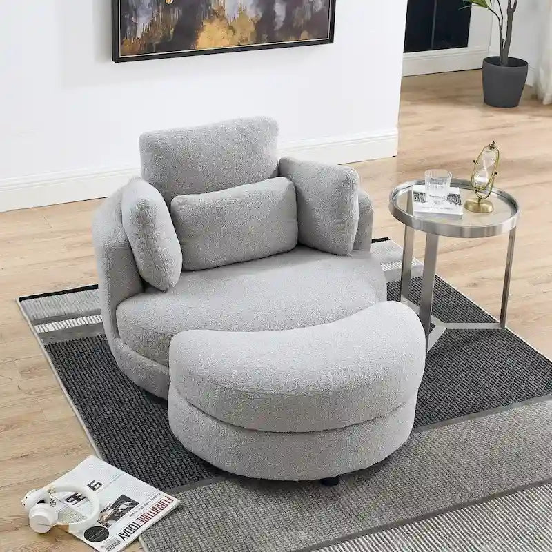 Fauteuil pivotant surdimensionné 39W, pouf de rangement lune, canapé deux places pivotant rond, fauteuil relax, 4 coussins