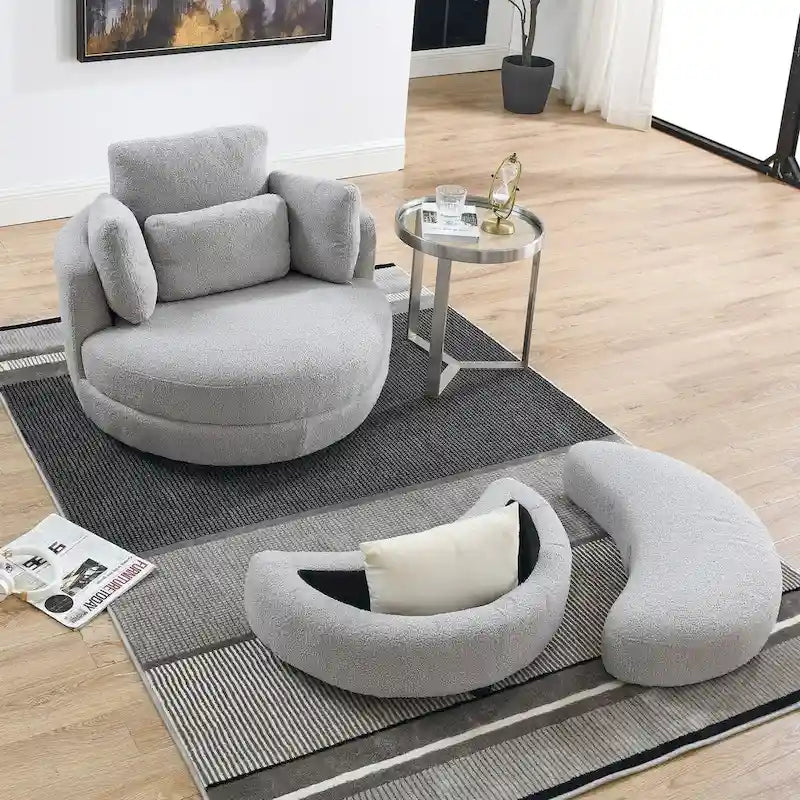 Fauteuil pivotant surdimensionné 39W, pouf de rangement lune, canapé deux places pivotant rond, fauteuil relax, 4 coussins