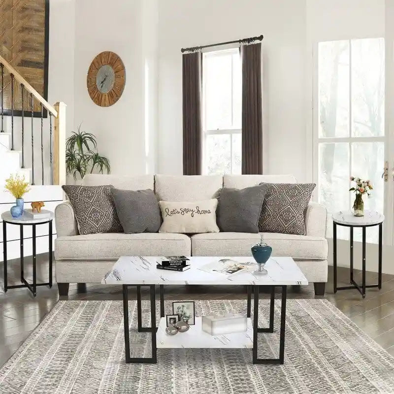 Ensemble de table basse Grondin de style moderne, composé de 3 pièces, avec 2 tables d'appoint et un plateau en imitation marbre.