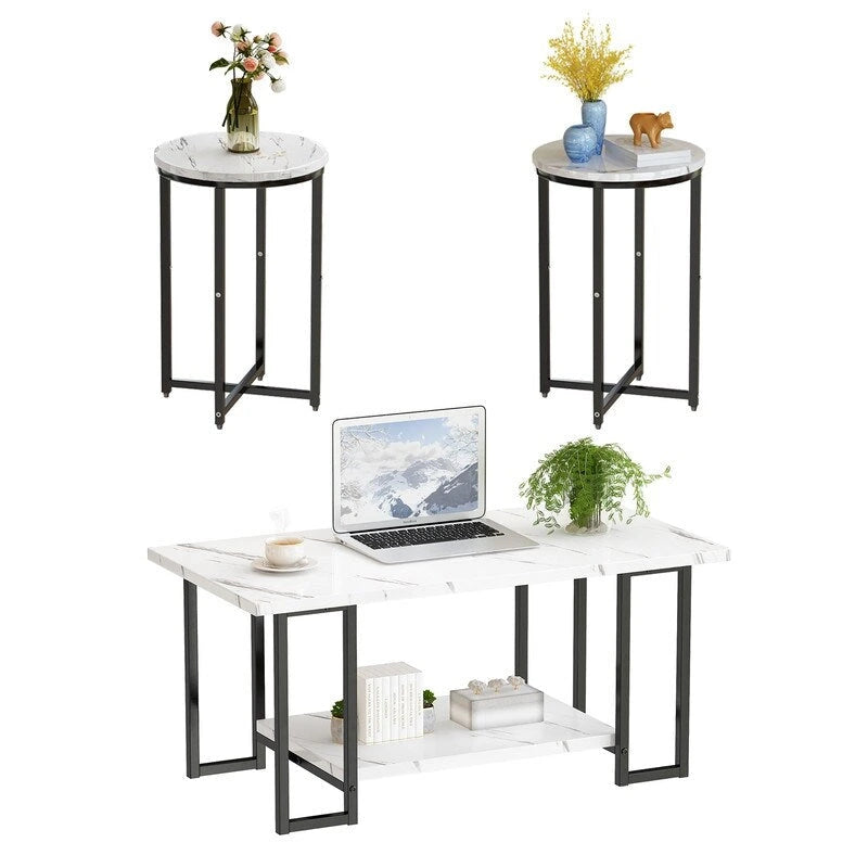 Ensemble de table basse Grondin de style moderne, composé de 3 pièces, avec 2 tables d'appoint et un plateau en imitation marbre.