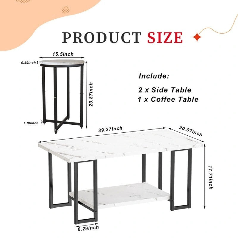 Ensemble de table basse Grondin de style moderne, composé de 3 pièces, avec 2 tables d'appoint et un plateau en imitation marbre.