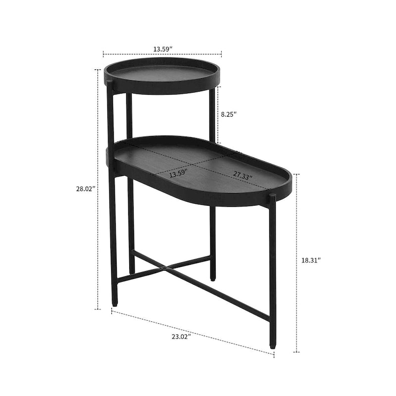 Table d'appoint minimaliste à deux niveaux avec pieds réglables, noire
