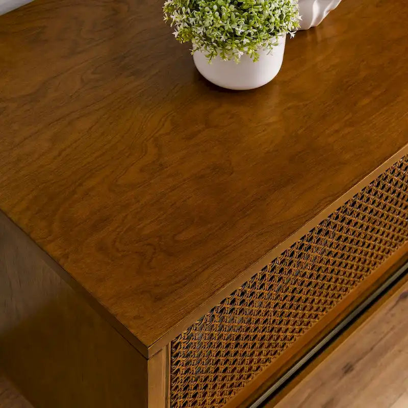 Meuble TV en rotin de 150 cm pour téléviseur de 165 cm, meuble multimédia, pieds en bois massif et portes en rotin - Bois clair