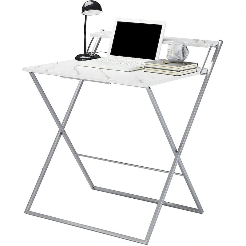 Bureau d'ordinateur compact pliable à 2 niveaux, sans montage d'outils, plateau en marbre et cadre argenté, Urban Shop